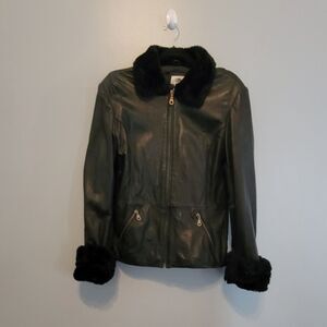 Y2K Goth Lambskin Leather Jacket Faux Fur Collar Cuffs Women’s Large 90s Grunge